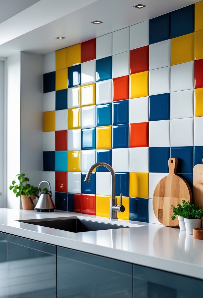 A kitchen backsplash made of colorful geometric tiles behind a countertop with a faucet and small plants.