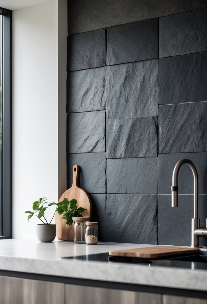 A modern kitchen countertop with a dark gray slate stone backsplash, natural light, and kitchen accessories.