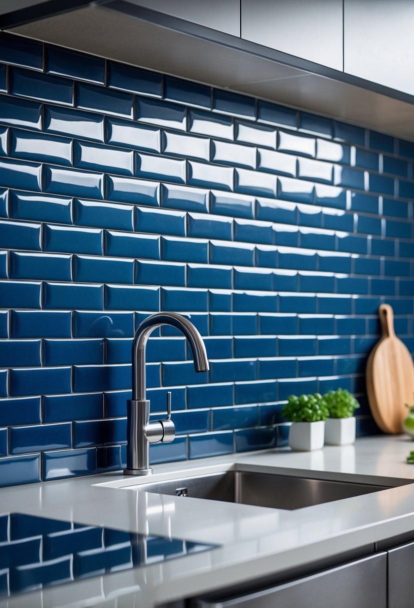 A kitchen backsplash with glossy blue subway tiles behind a countertop with a faucet, cutting board, and small potted herbs.