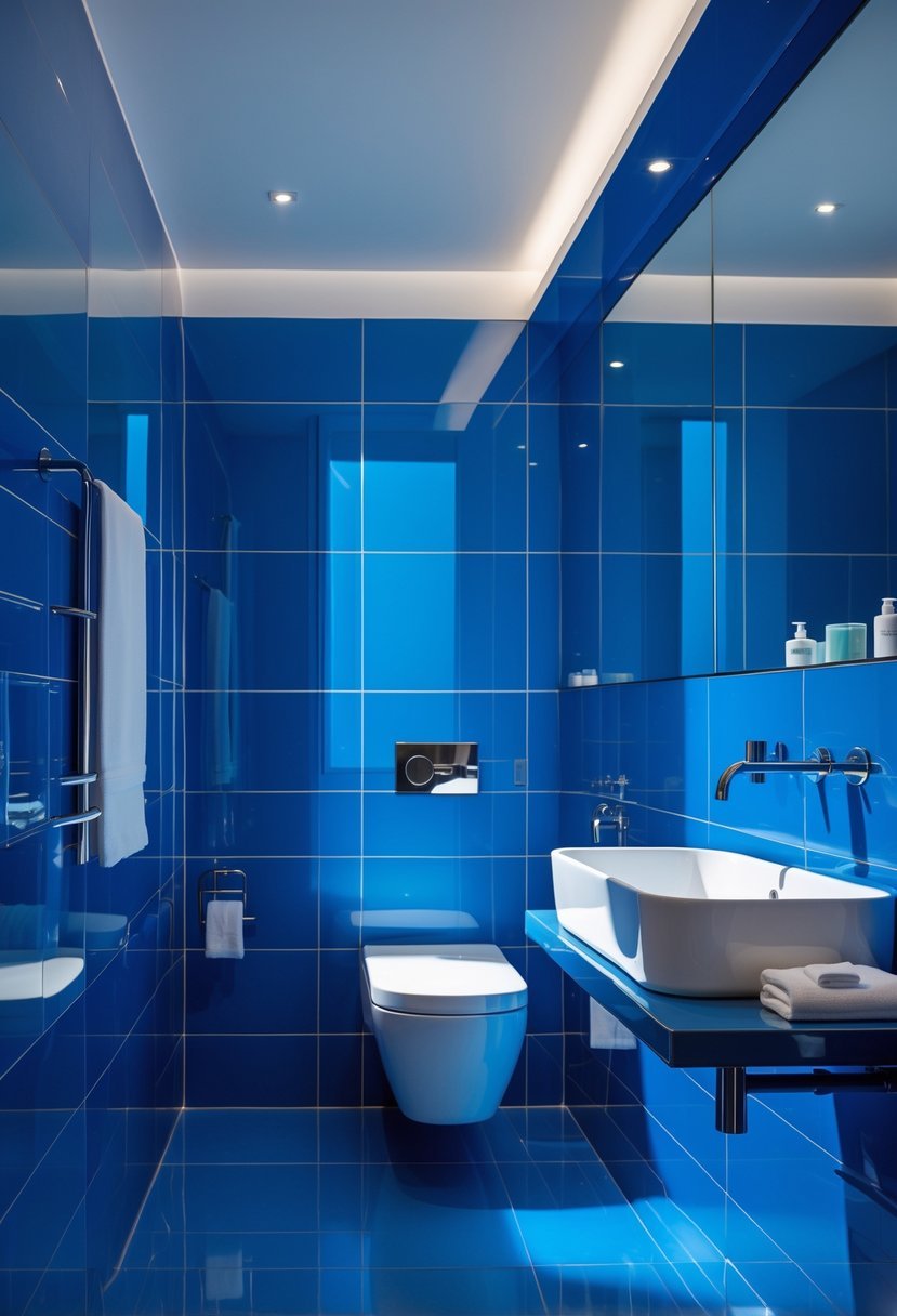 A bathroom with glossy royal blue wall tiles, a white sink, a large mirror, and modern fixtures.