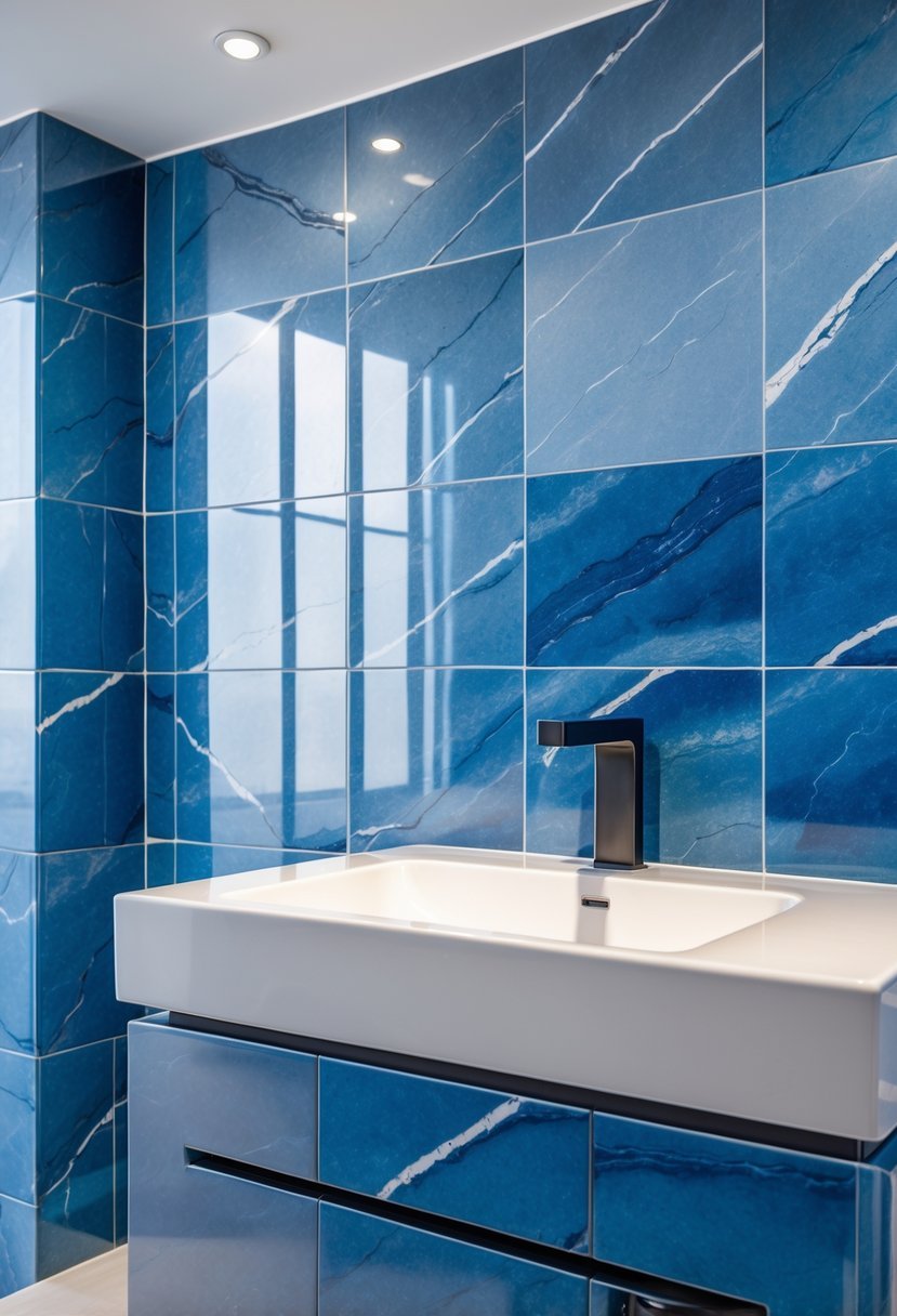 Bathroom vanity backsplash with blue marble-effect ceramic tiles and a white countertop.