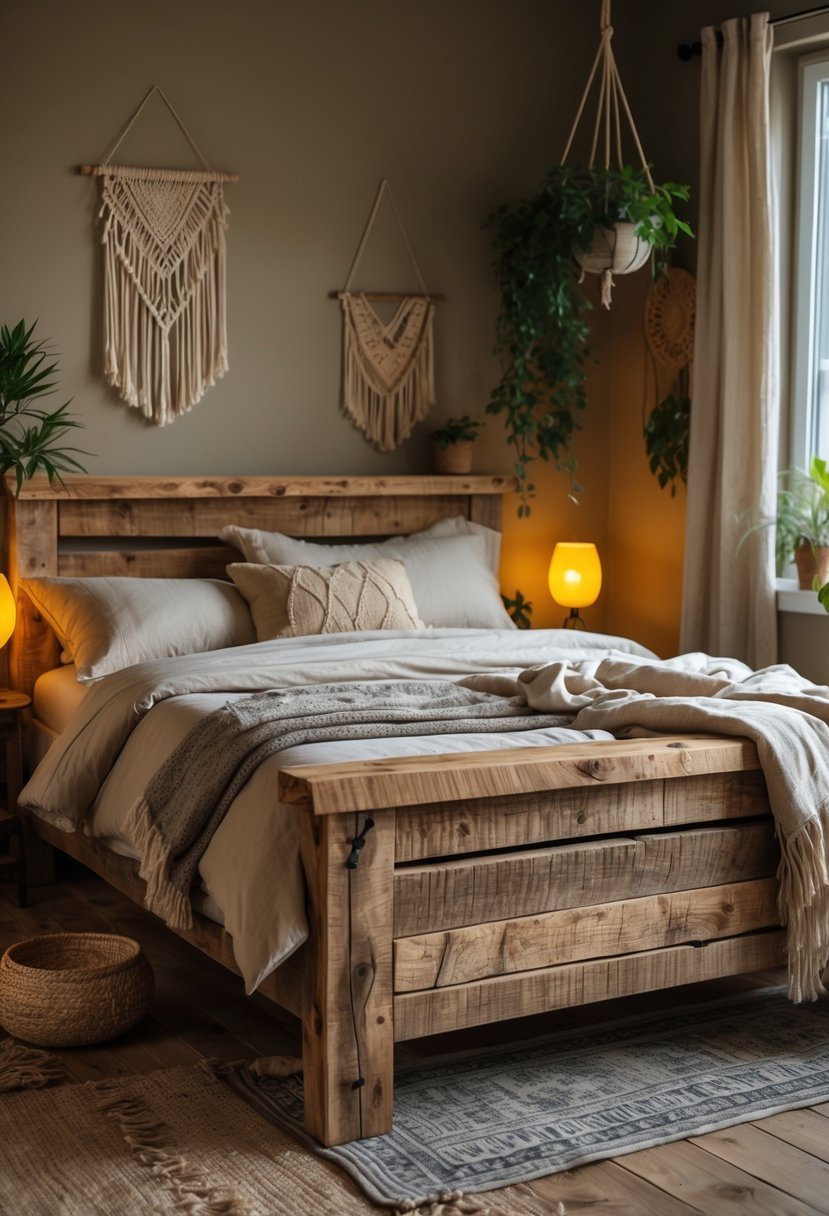 A bedroom with a wooden bed frame made from reclaimed wood, soft bedding, warm lighting, plants, and natural decor.