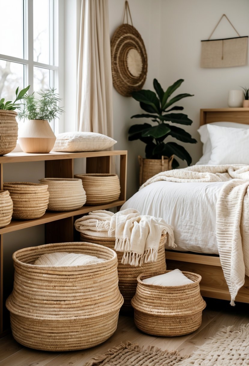 A bedroom corner with handwoven baskets used for storage, wooden shelves, a bed with white linens, and soft natural lighting.