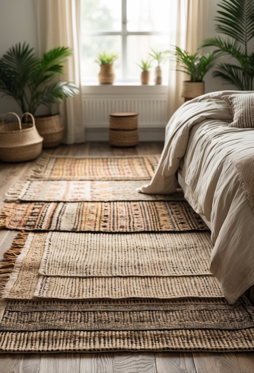 A cozy bedroom with layered woven rugs on the floor, a bed with neutral linens, wooden furniture, and plants.