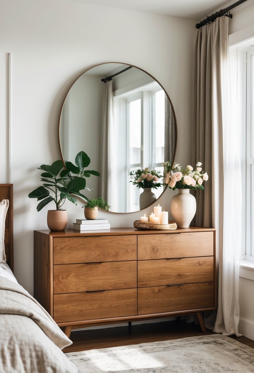 A bedroom with a large mirror above a dresser decorated with plants, books, candles, and flowers.