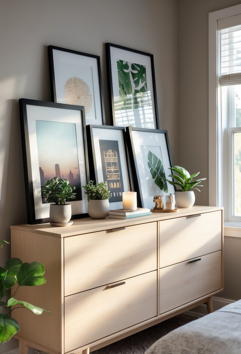 A bedroom dresser with several framed photos and art prints arranged on top, along with plants, candles, and books.