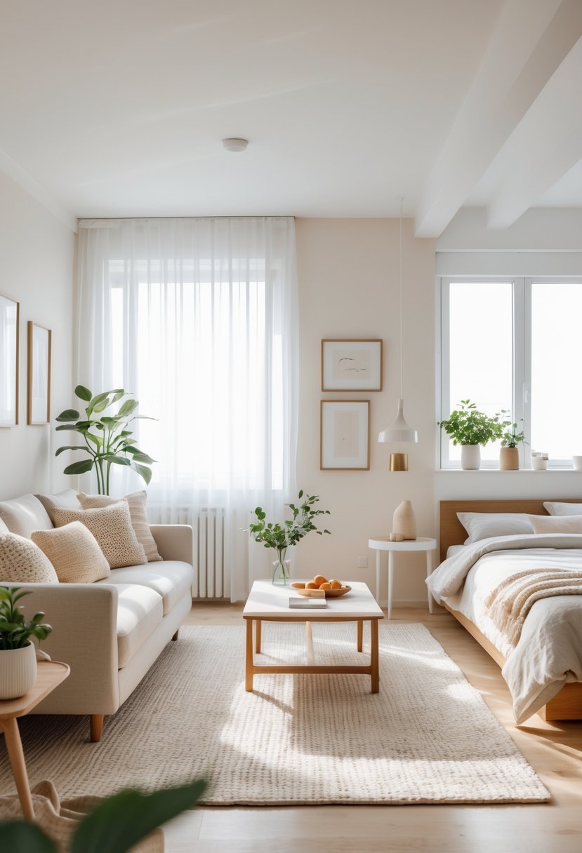 A bright one-bedroom apartment interior with natural light, a sofa, coffee table, bed, and plants in light neutral colors.