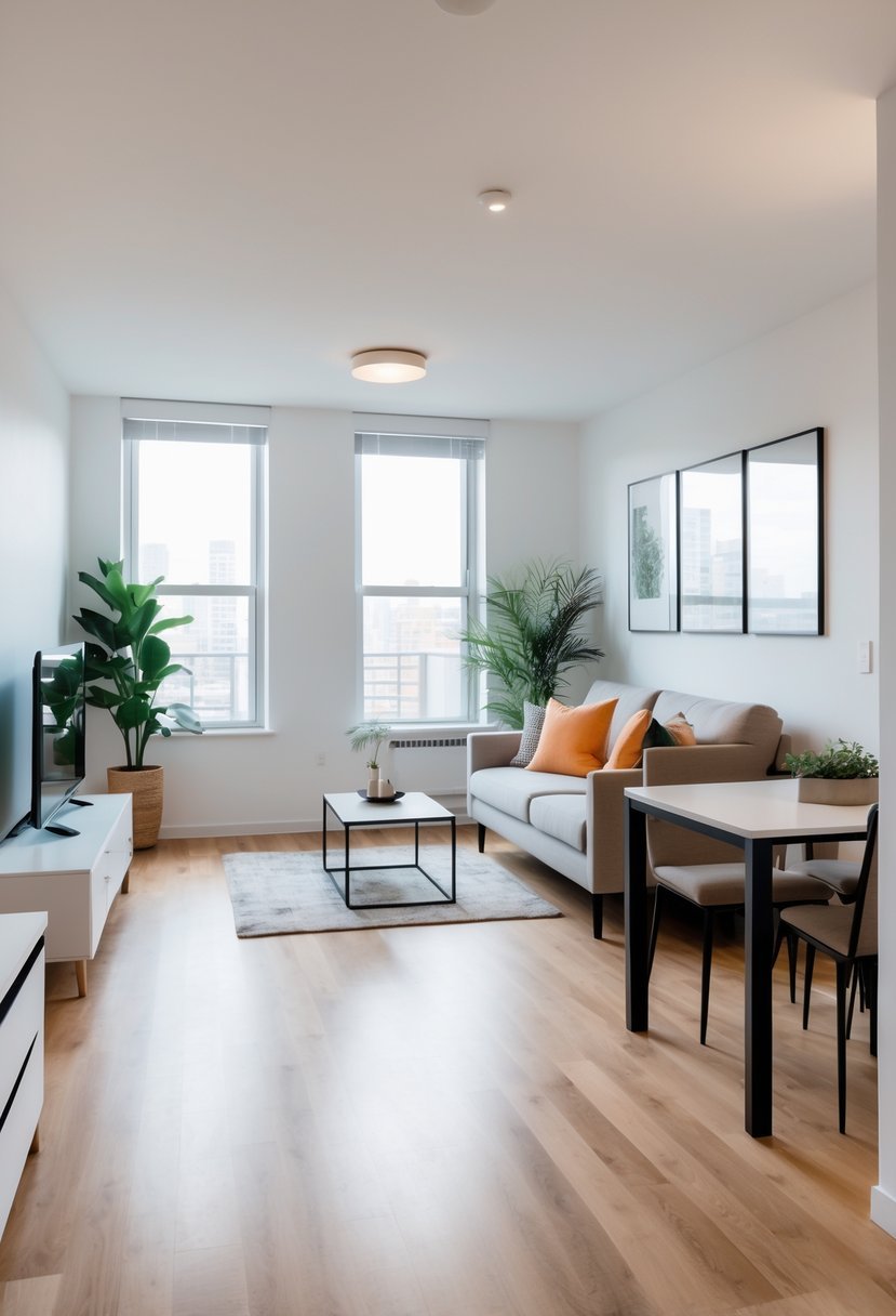 A one-bedroom apartment living room with furniture arranged to allow easy movement and clear pathways.
