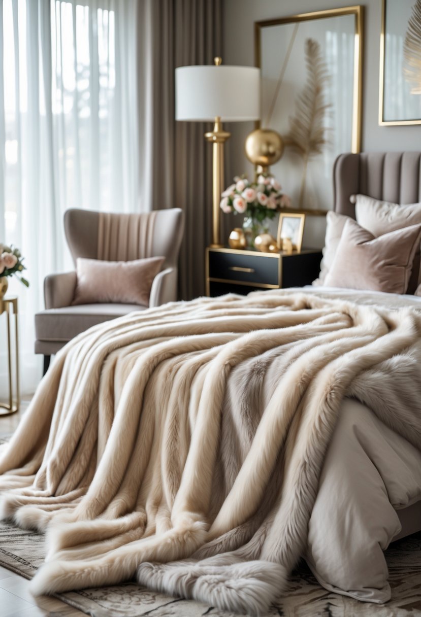 A cozy bedroom with a neatly made bed featuring soft faux fur throw blankets, an accent chair, and elegant decor elements.