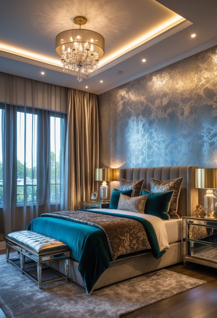 A luxurious bedroom with metallic wallpaper, a king-sized bed, mirrored nightstands, and soft natural light.