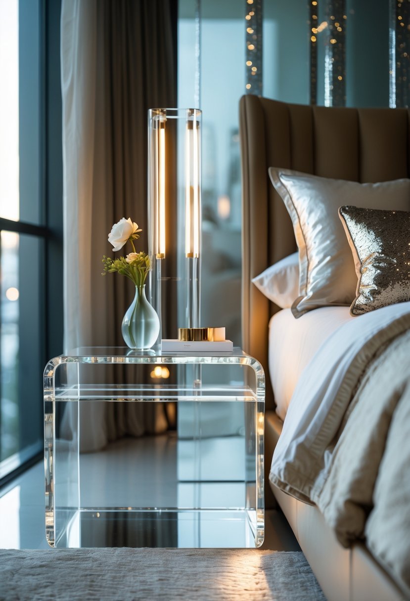 A bedroom with a bed, clear acrylic nightstand, decorative items, and natural light coming through a window.