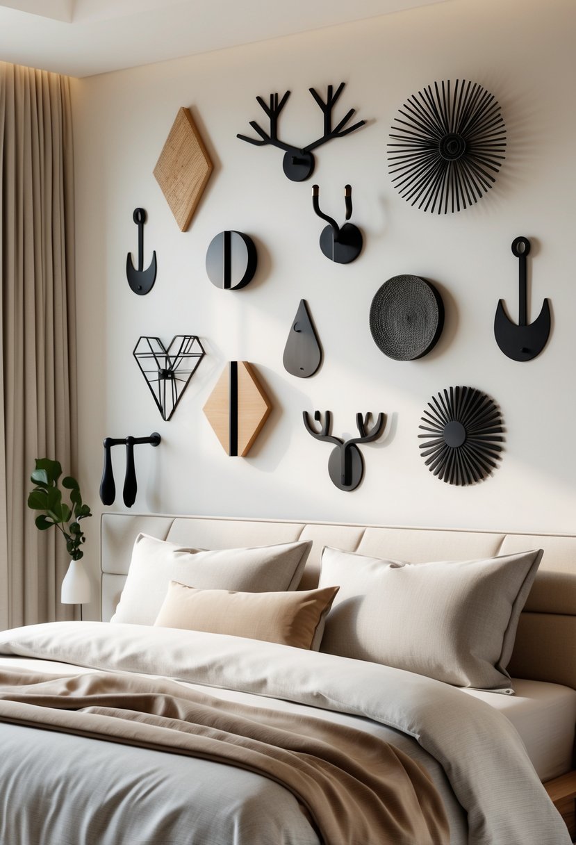 A bedroom wall featuring multiple decorative wall hooks with unique shapes above a neatly made bed.