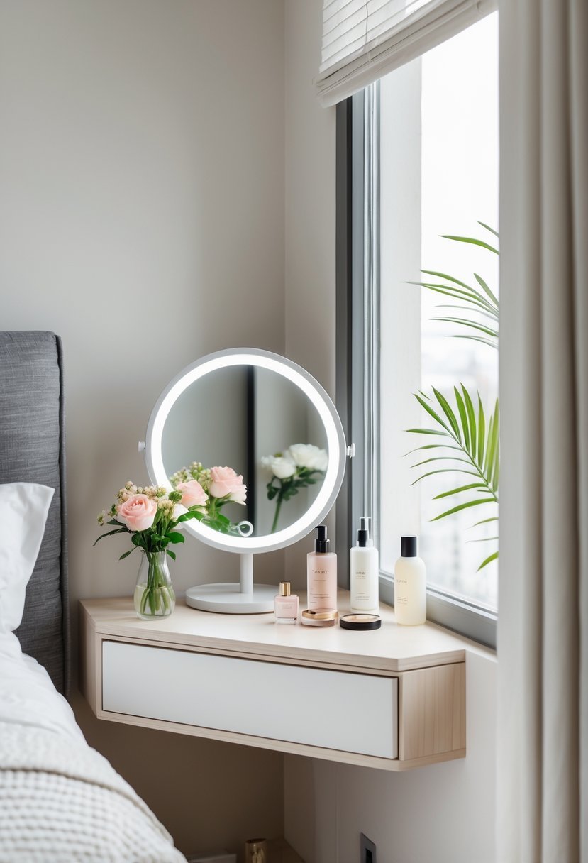 A compact corner vanity with a swivel mirror in a bedroom, featuring beauty products and soft natural lighting.