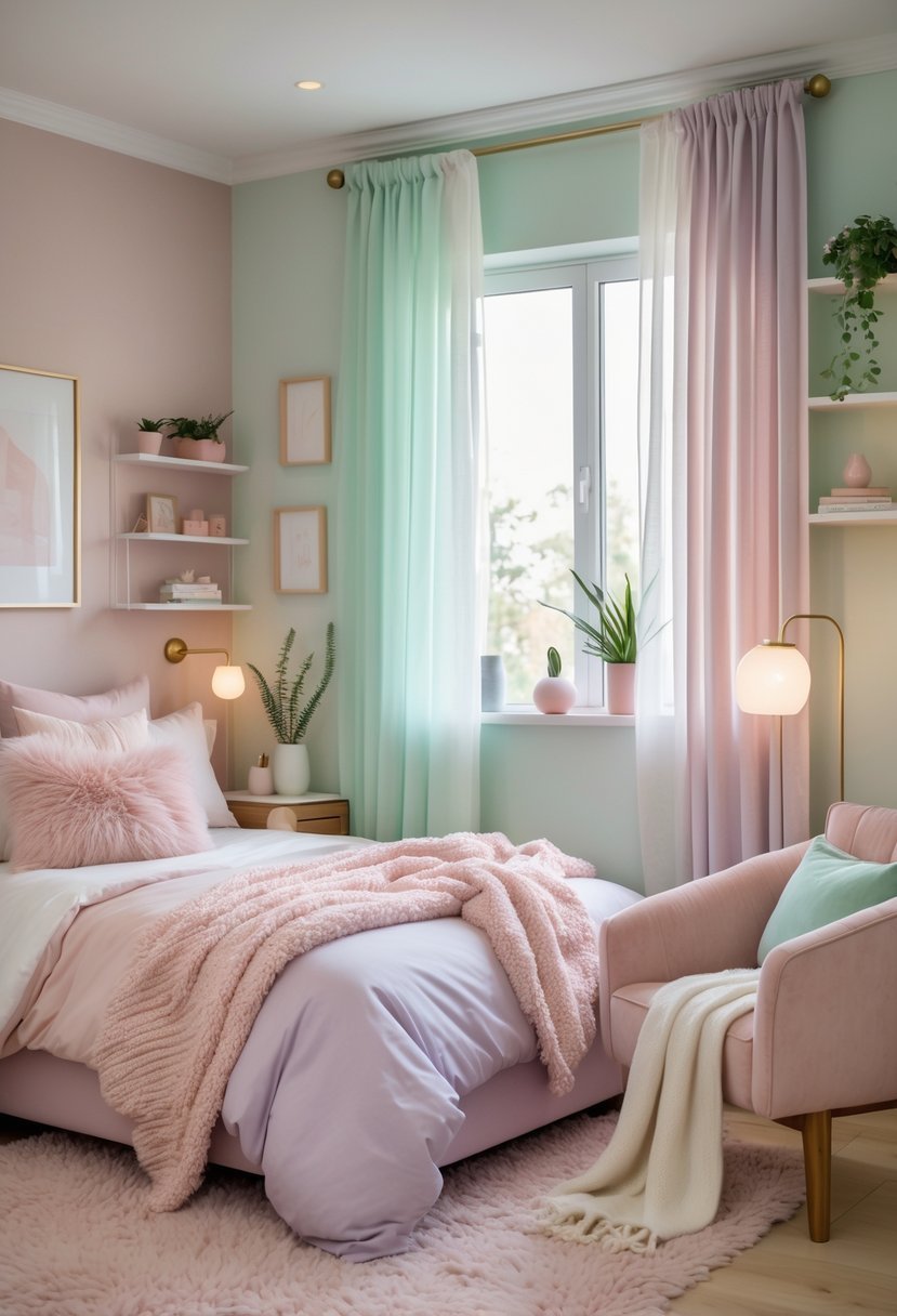 A cozy bedroom with a neatly made bed, soft pastel colors, natural light, a nightstand with a lamp and plants, and a comfortable armchair.