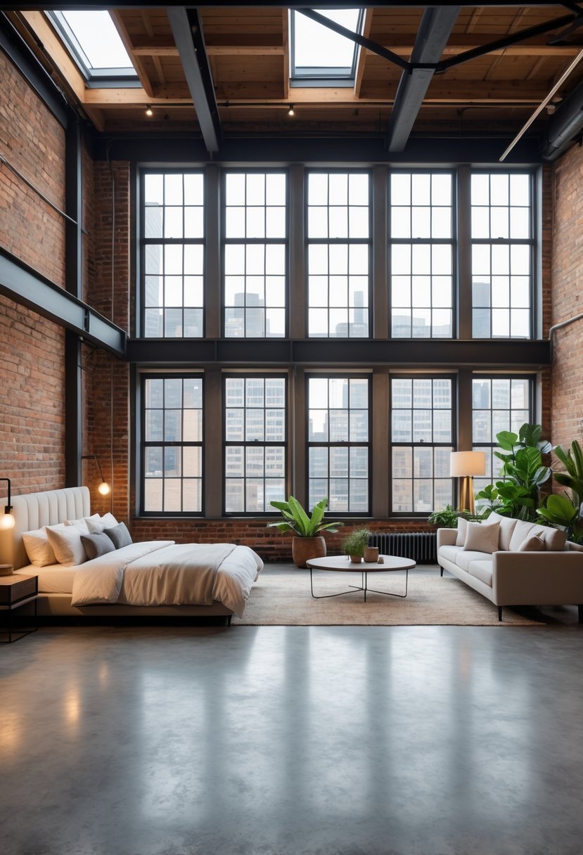 A spacious bedroom with a bed, sofa, large windows, and open living area.