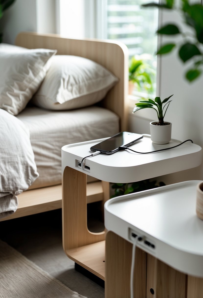 A bedroom scene showing two bedside tables with built-in charging ports, one with a smartphone charging, next to a bed with neutral bedding.