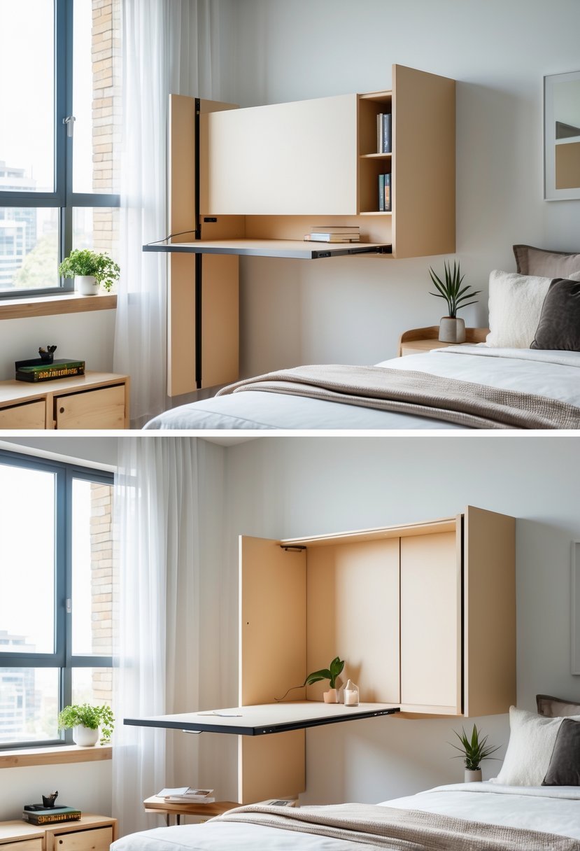 A bedroom with a wall-mounted folding desk shown folded and unfolded, featuring a bed, bedside table, and decorative plants.