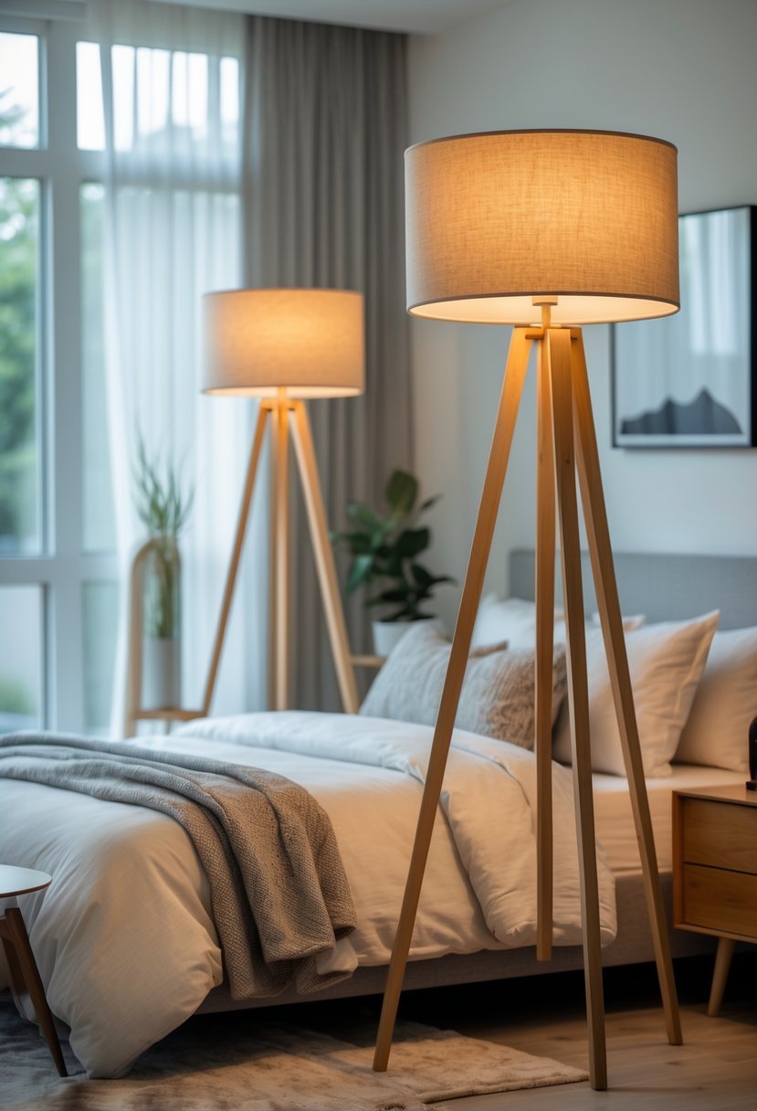 A bedroom with a bed, wooden nightstand, and several tripod floor lamps providing warm light.