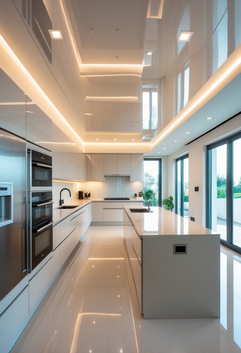 A modern kitchen with a glossy stretch ceiling, a large island, and stainless steel appliances.