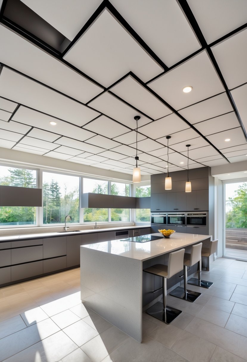 A modern kitchen with a suspended ceiling featuring rectangular acoustic panels, bright lighting, and contemporary furnishings.