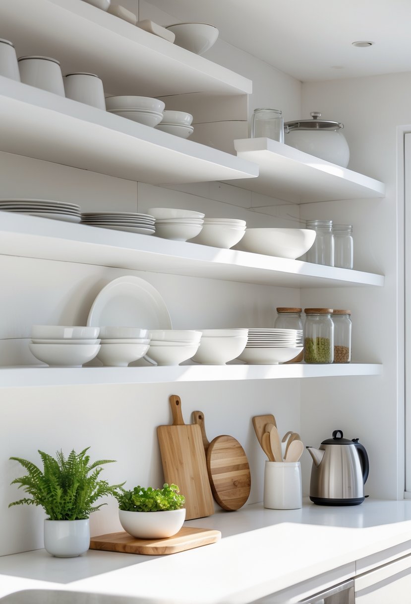 A bright kitchen with white open shelves holding dishes and kitchen items above a white countertop.