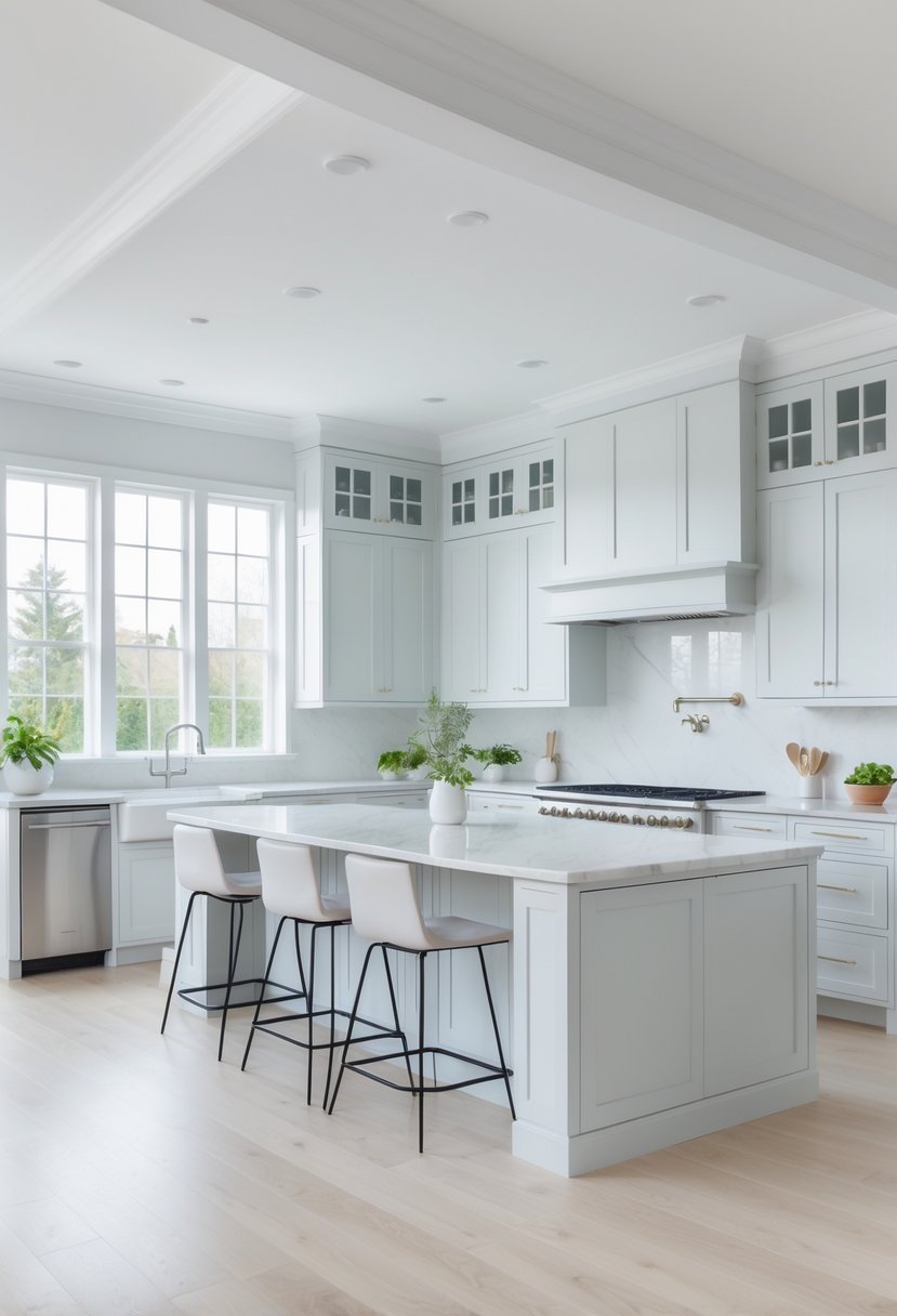 A bright white kitchen with light grey accents, a large island, and stainless steel appliances.