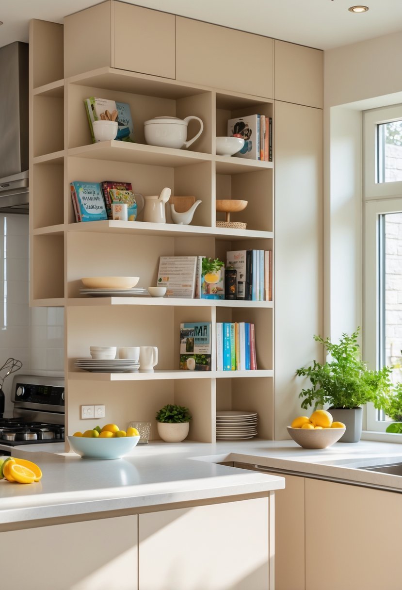 A small kitchen with a kitchen island that has open shelves displaying kitchenware and decorative items.