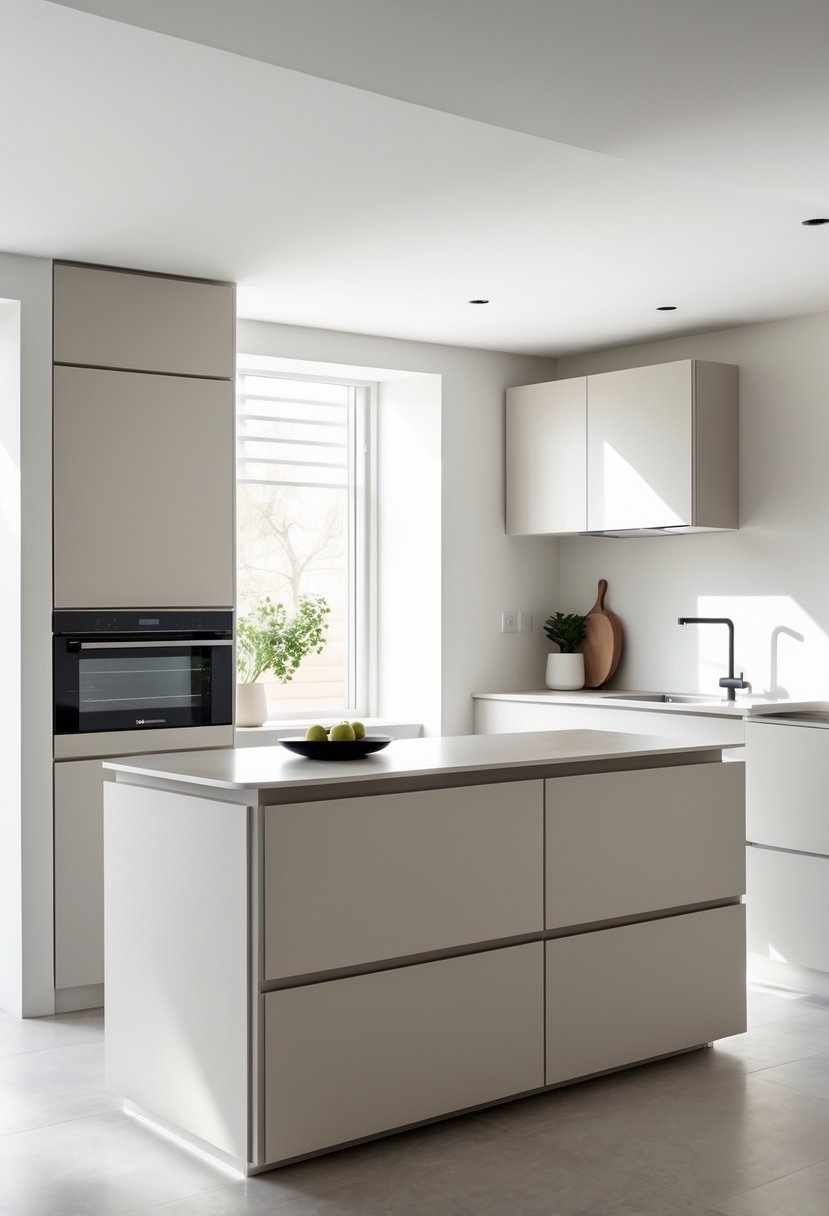 A small kitchen with a simple kitchen island and clean surfaces under natural light.