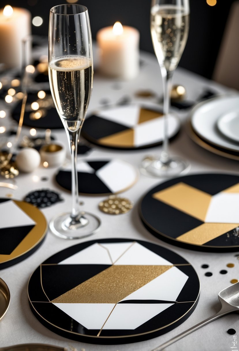 A New Year's Eve table setting with geometric patterned coasters, champagne glasses, candles, and festive decorations.