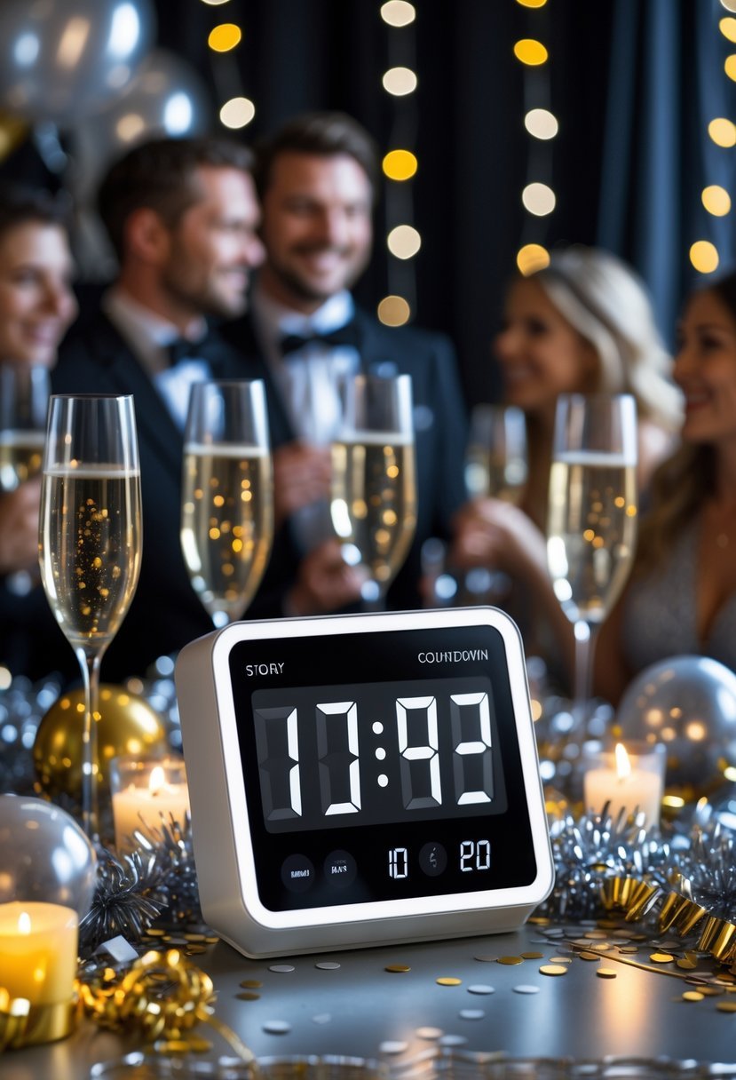 A countdown clock on a decorated table surrounded by New Year's Eve party decorations and blurred guests in the background.