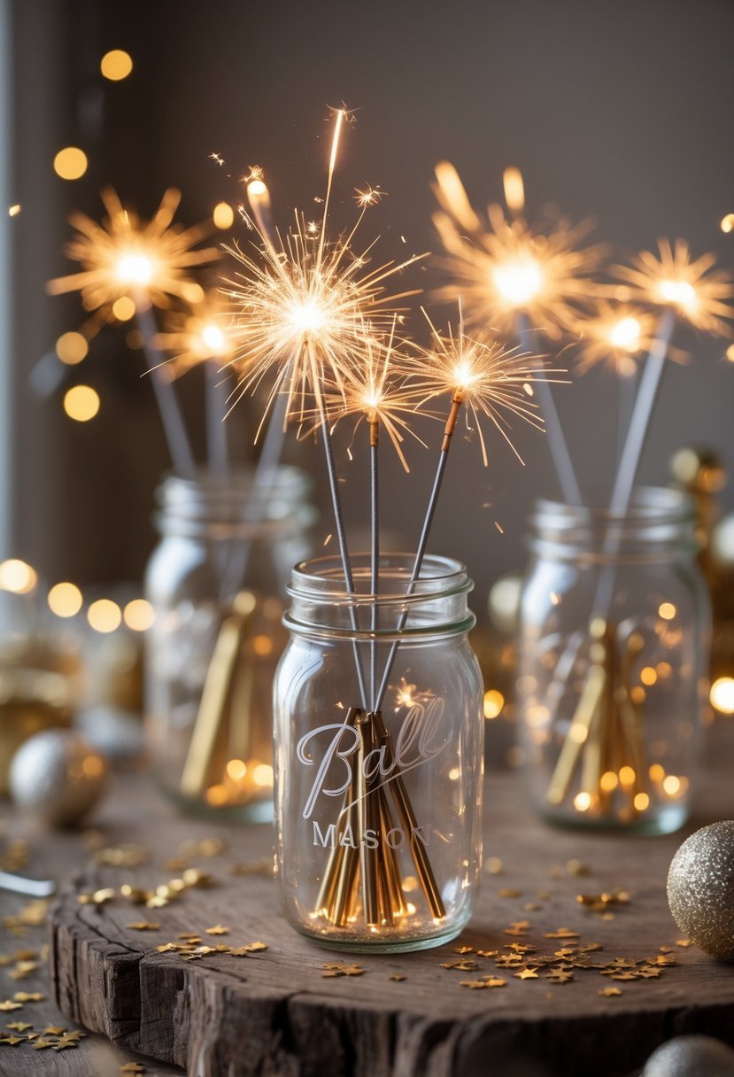 Mini sparklers glowing inside mason jars arranged on a wooden table with festive decorations around them.