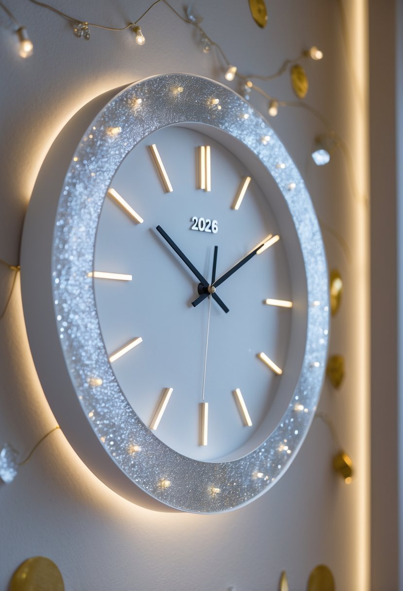 A wall clock decorated with glitter and festive accents, showing a time close to midnight on a neutral wall with subtle New Year decorations.