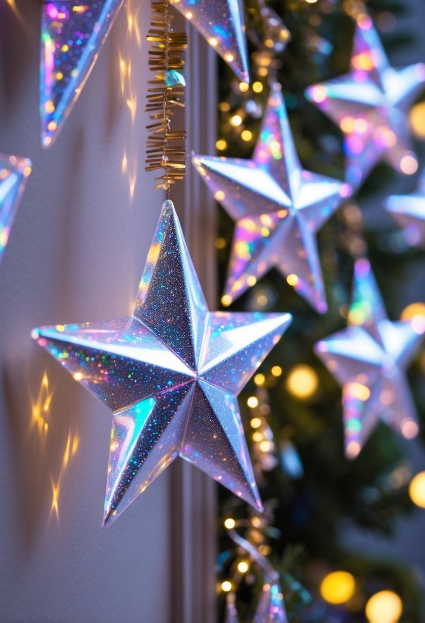 Holographic star garlands hanging on a wall creating a festive New Year decoration.