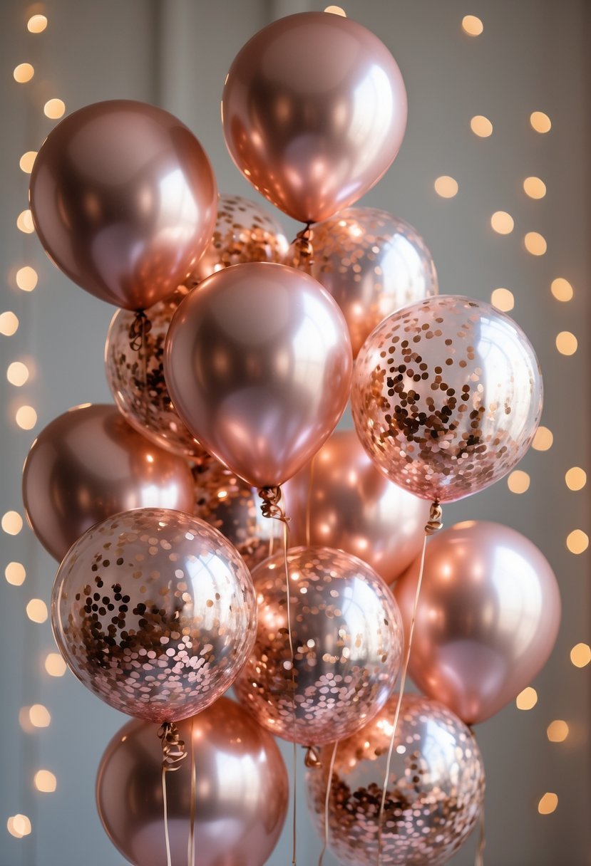 Rose gold balloons filled with confetti floating against a soft background.