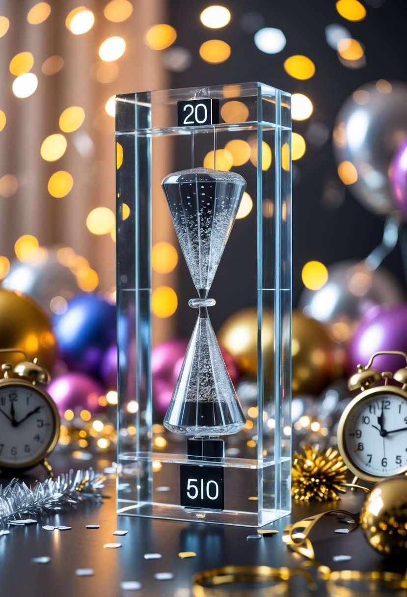 A clear acrylic New Year countdown timer surrounded by festive decorations like balloons, confetti, and fairy lights on a decorated table.