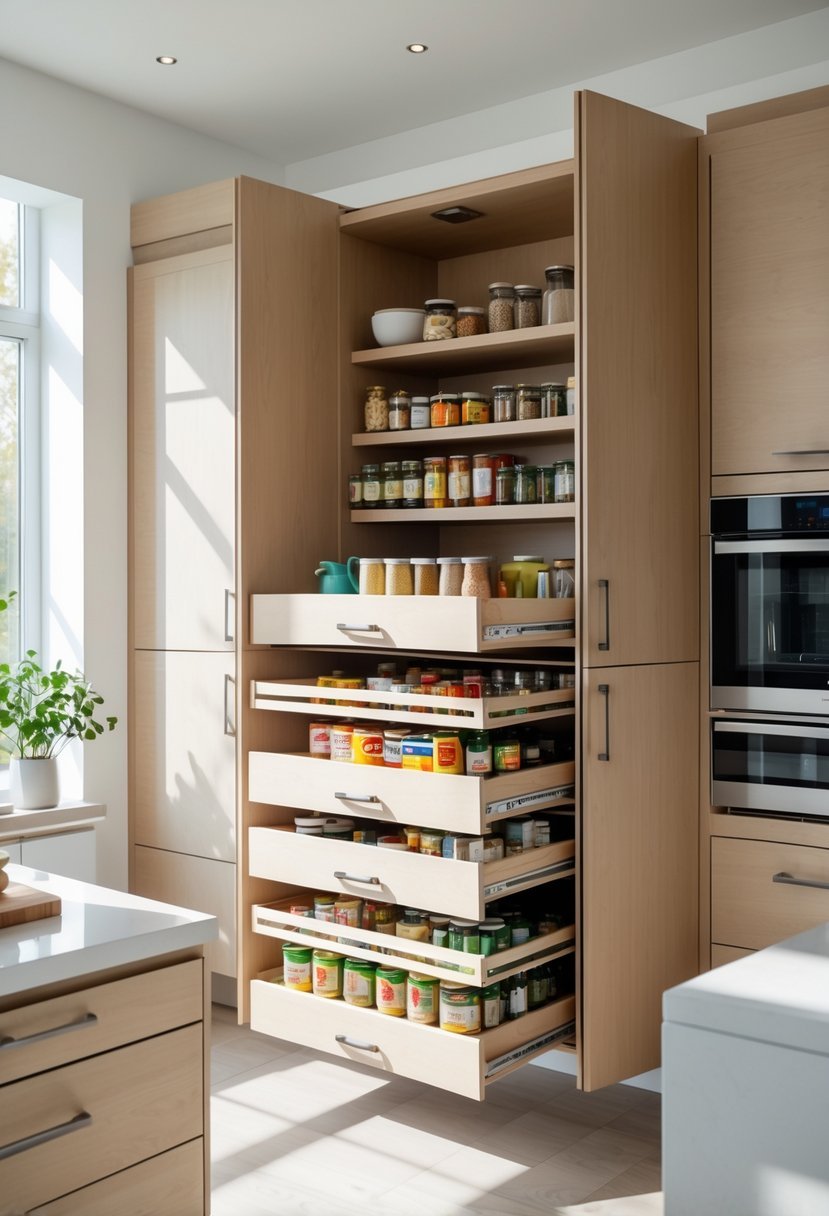 Built-in kitchen pantry cabinets with pull-out drawers open, showing organized food storage inside.