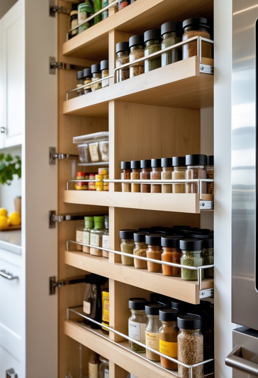 A kitchen pantry with pull-out spice racks filled with neatly arranged spice jars and organized shelves.