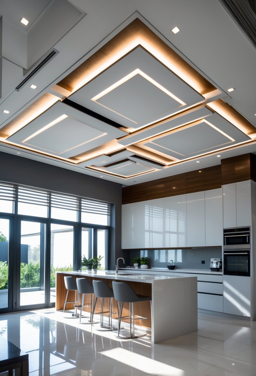 Bright modern kitchen with a layered ceiling featuring contrasting colors and recessed lighting.