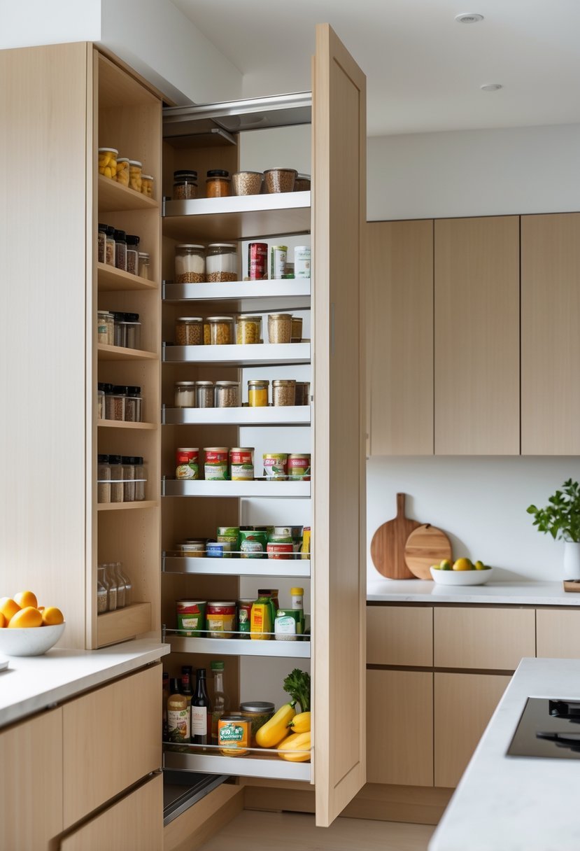 Open pull-out pantry shelves inside kitchen wardrobes showing organized food storage in a bright kitchen.