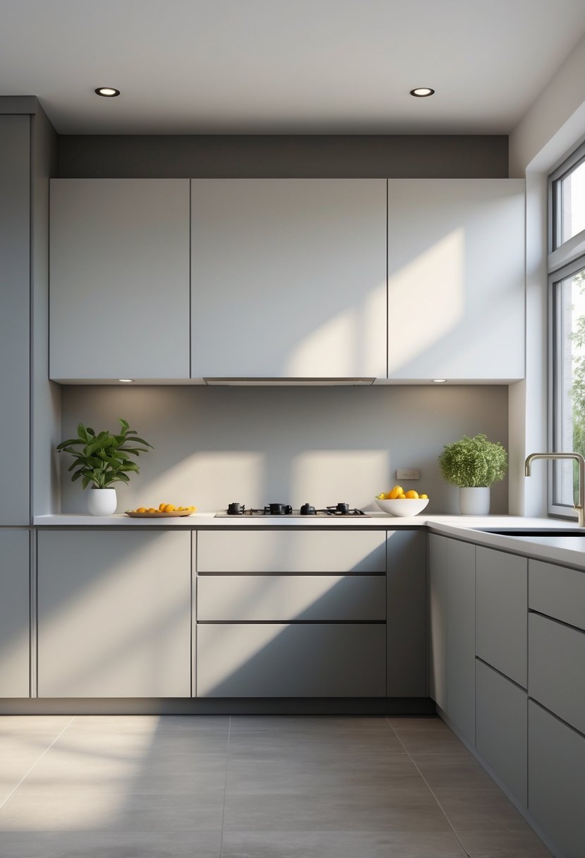 A modern kitchen interior with matte finish wardrobes, a clean countertop, and natural light coming through large windows.