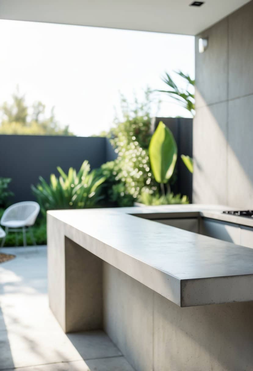 Outdoor kitchen with a concrete countertop that extends down the side, surrounded by plants and outdoor furniture.