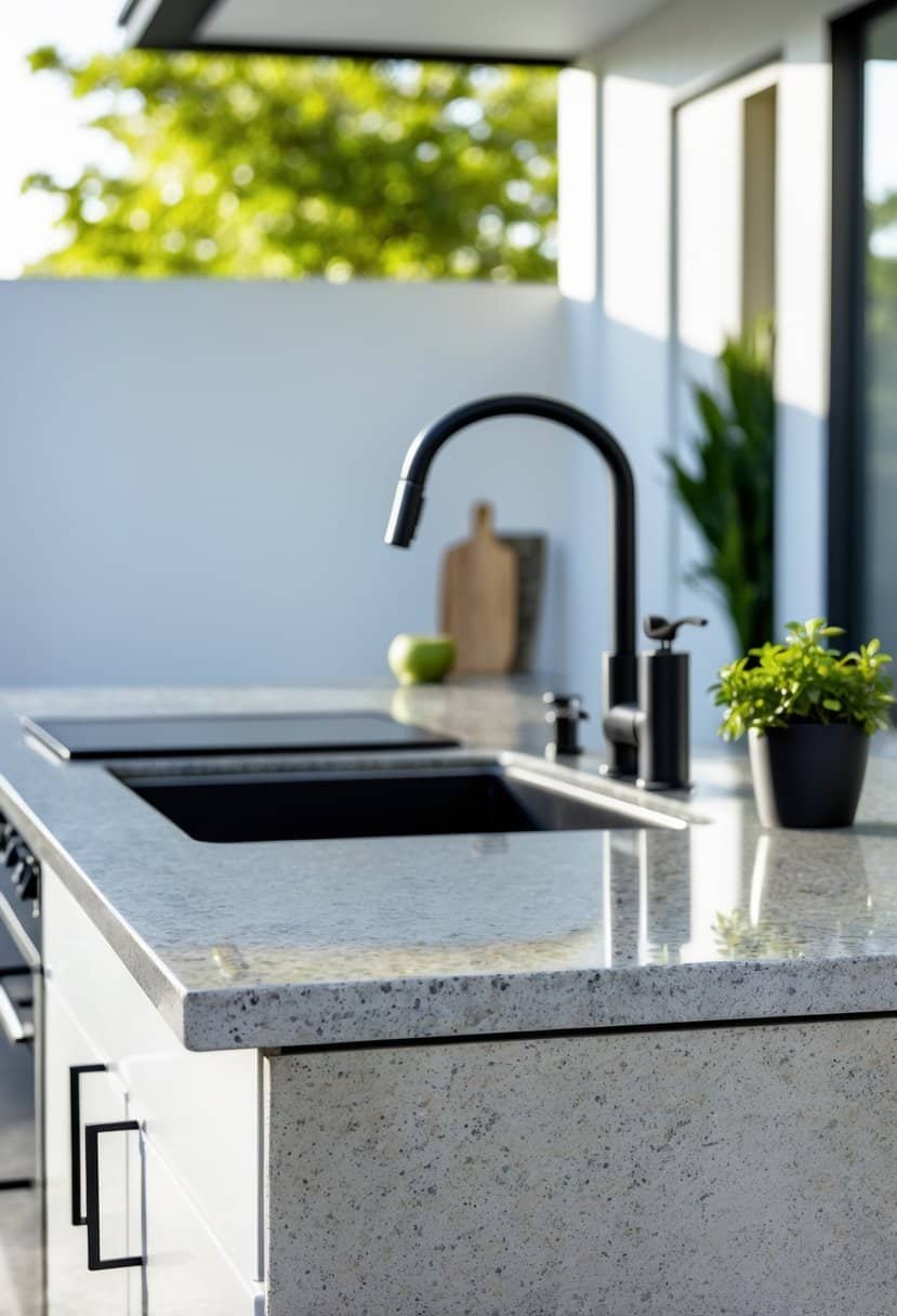Outdoor kitchen with polished granite countertops and matte black fixtures surrounded by greenery.