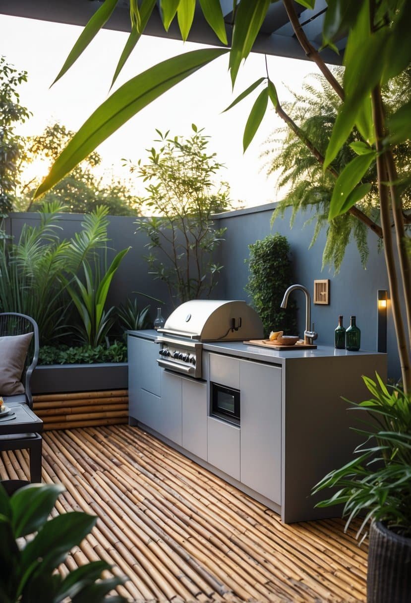 Outdoor kitchen setup on bamboo decking with grill, appliances, and surrounding greenery.