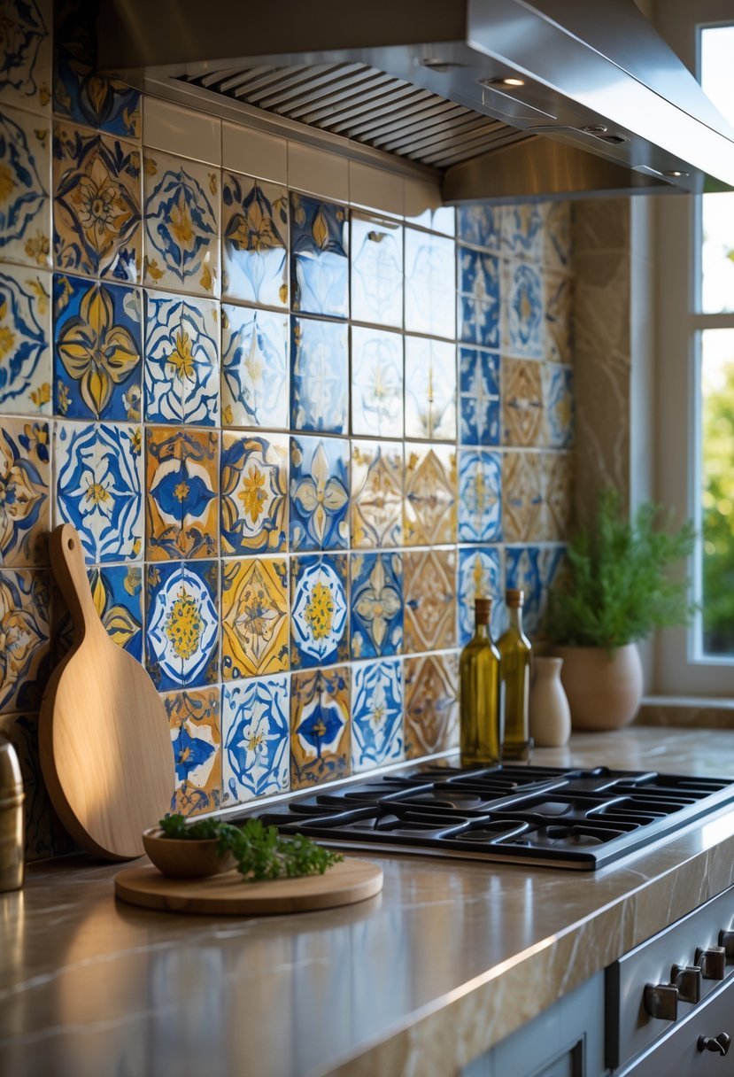 A kitchen wall with colorful hand-painted ceramic tiles above a stone countertop with kitchenware and plants.