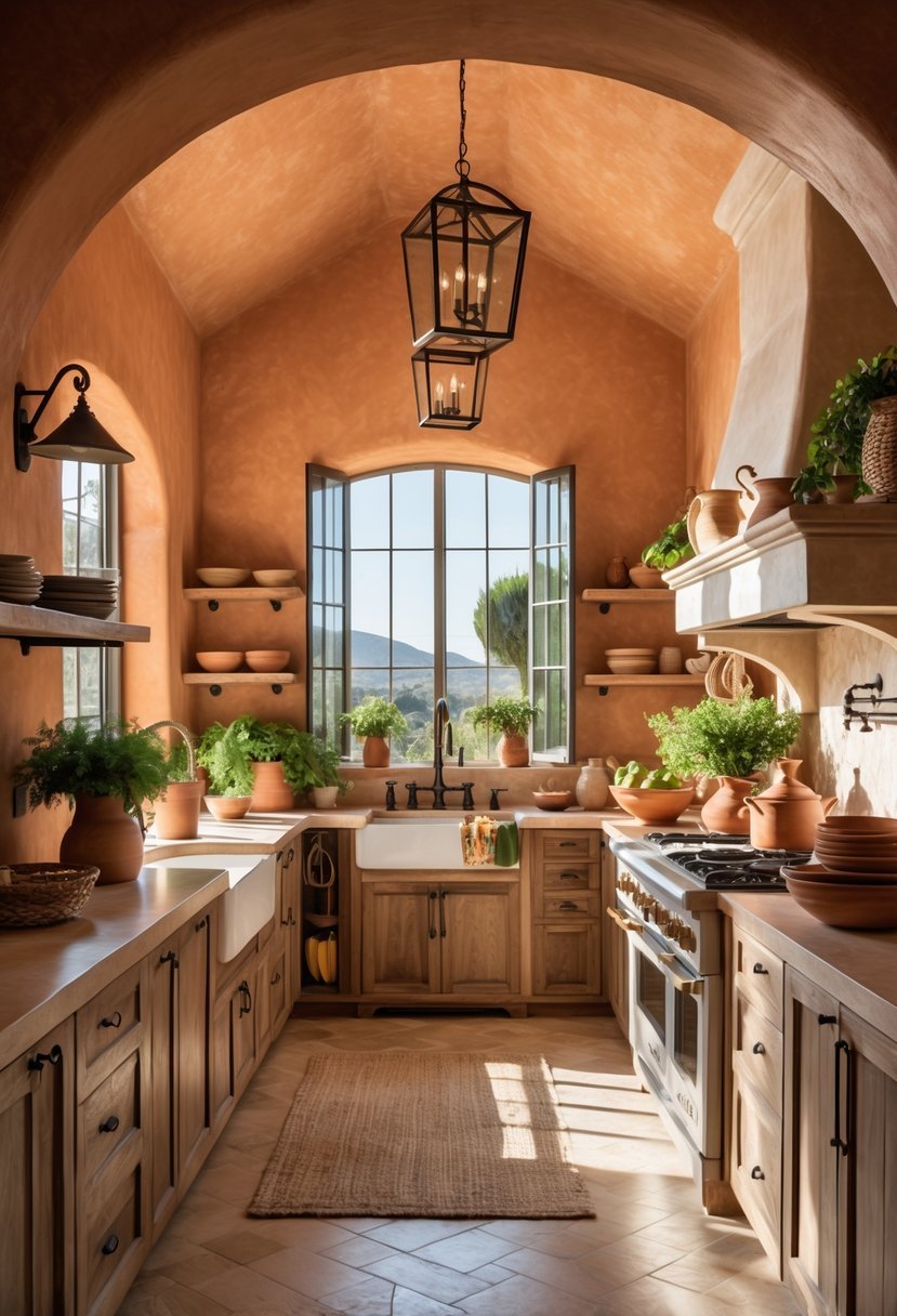 A bright kitchen with earth-toned textured walls, wooden cabinets, a central island with plants and pottery, and sunlight coming through large windows.