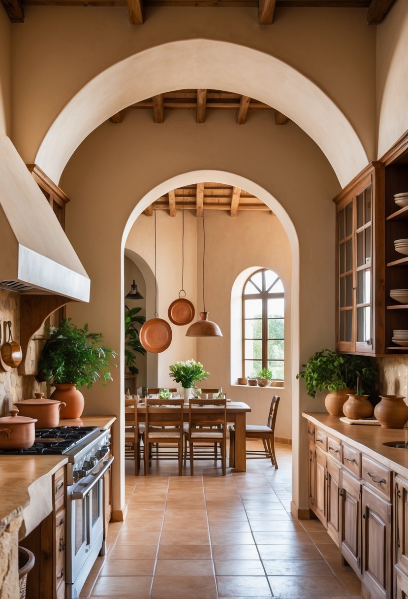 A kitchen and dining area connected by arched doorways, featuring wooden cabinets, a stone island, and a dining table with chairs.