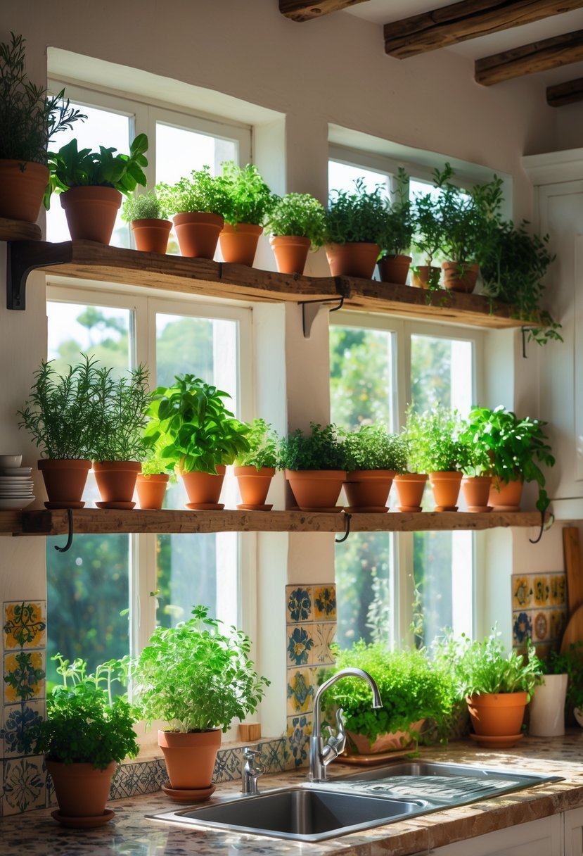Sunlit Mediterranean kitchen with window sills holding pots of fresh green herbs like basil and rosemary.