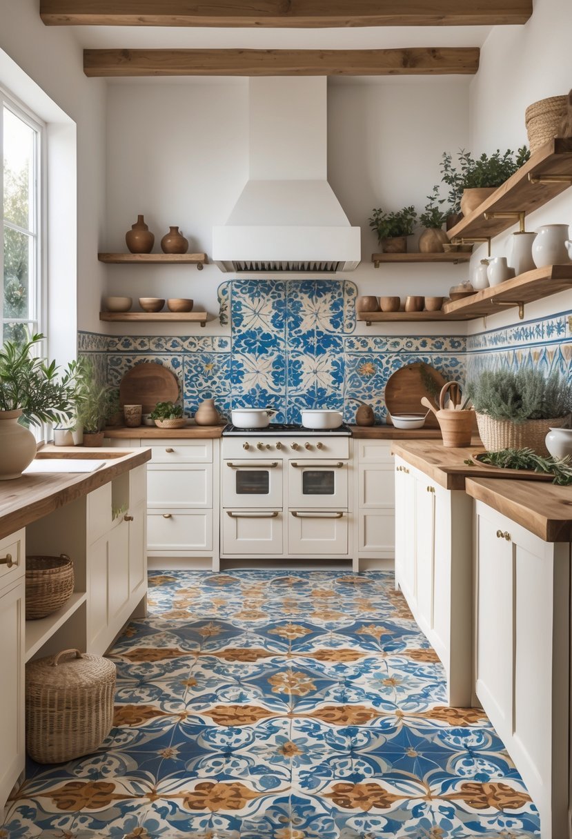 A bright kitchen with patterned cement tiles on the floor and backsplash, white cabinets, wooden countertops, and natural light coming through large windows.