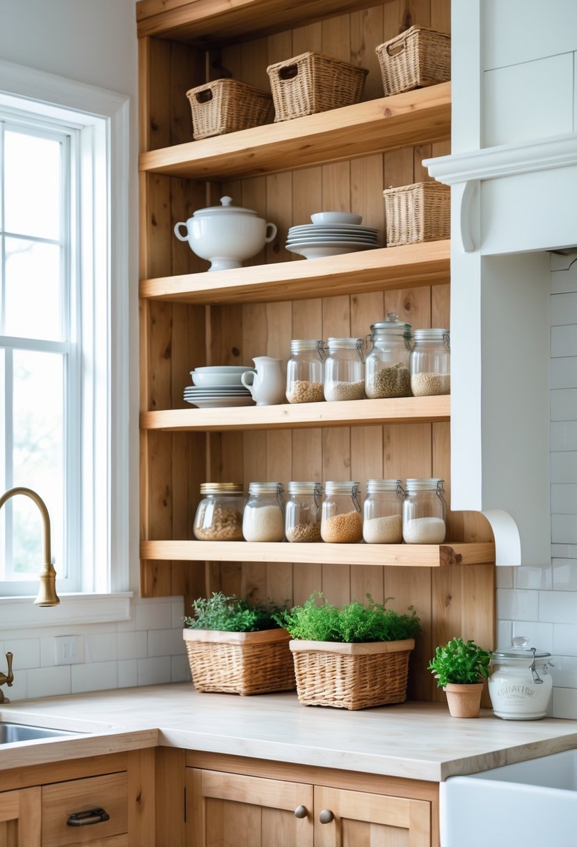 Open wooden shelving in a kitchen displaying dishes, jars, baskets, and potted herbs with a countertop and window in the background.