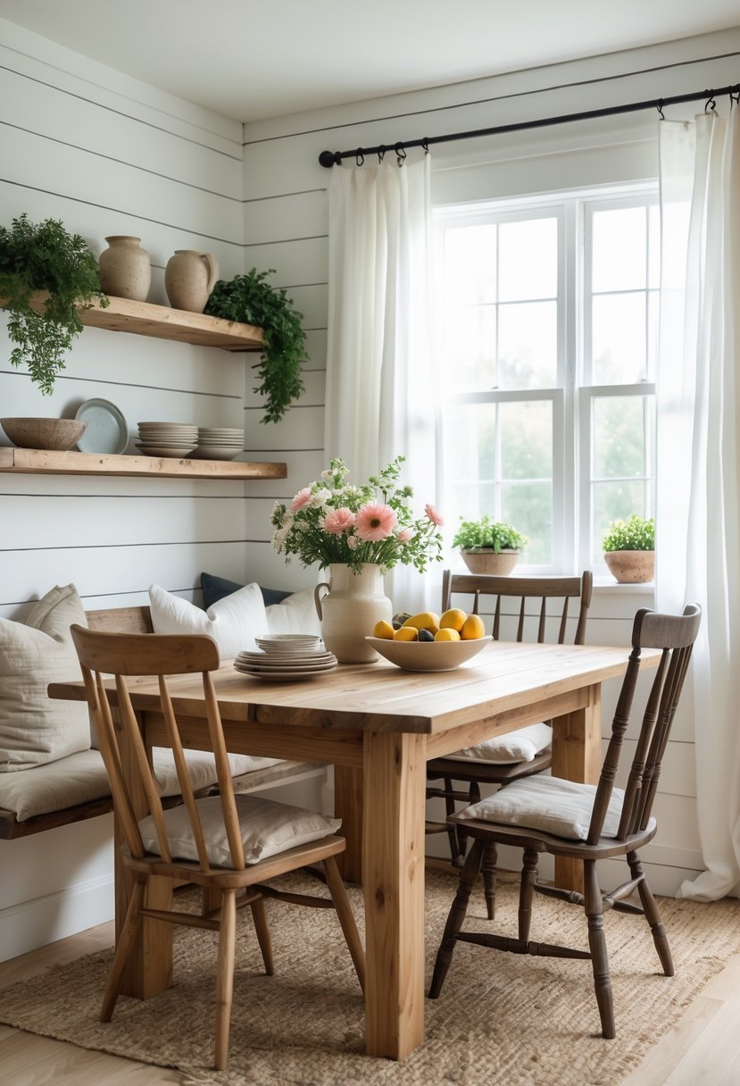 A cozy dining nook with a wooden table, chairs, open shelves with pottery, and natural light coming through a window.